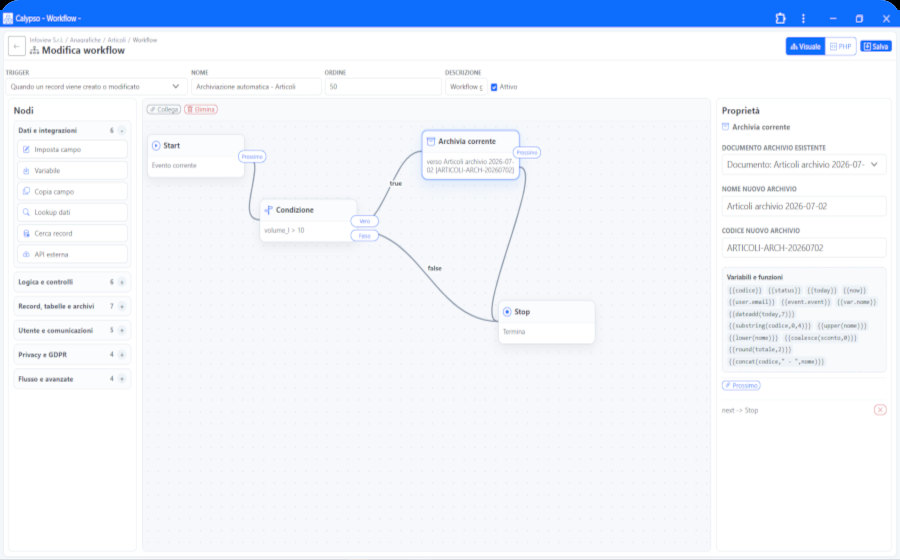 Screenshot del designer workflow Calypso